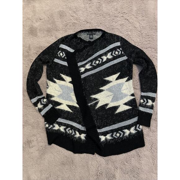 BCBG Cardigan Sweater Top Aztec Knit Open Drape Front Black Silver Long Sleeve S - Picture 1 of 7